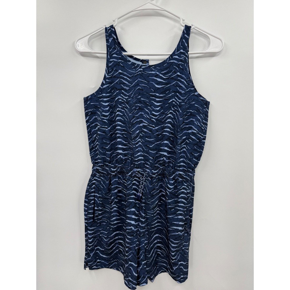 Athleta Girl L 12 Romper Girls Blue Tiger Wave Print Sleeveless Active Pockets
